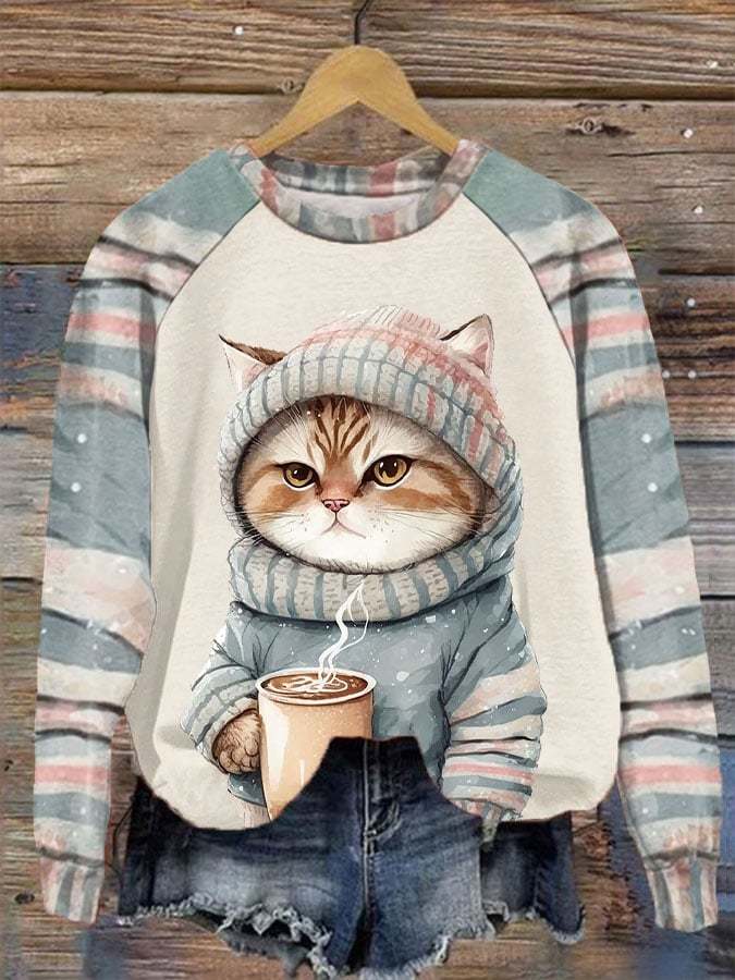 Women's Winter Funny Cute Wonderland Clothing Clipart Cat Coffee Plaid Print Sweatshirt-carlalin