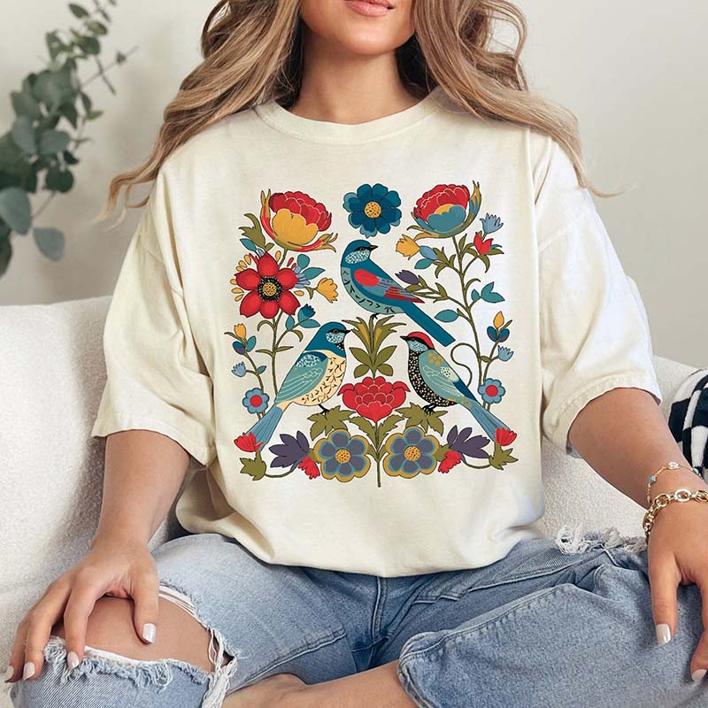 Summer Bird Lover Flower T-Shirt-carlalin