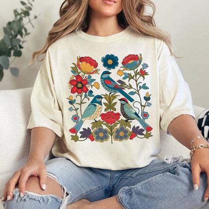 Summer Bird Lover Flower T-Shirt-carlalin
