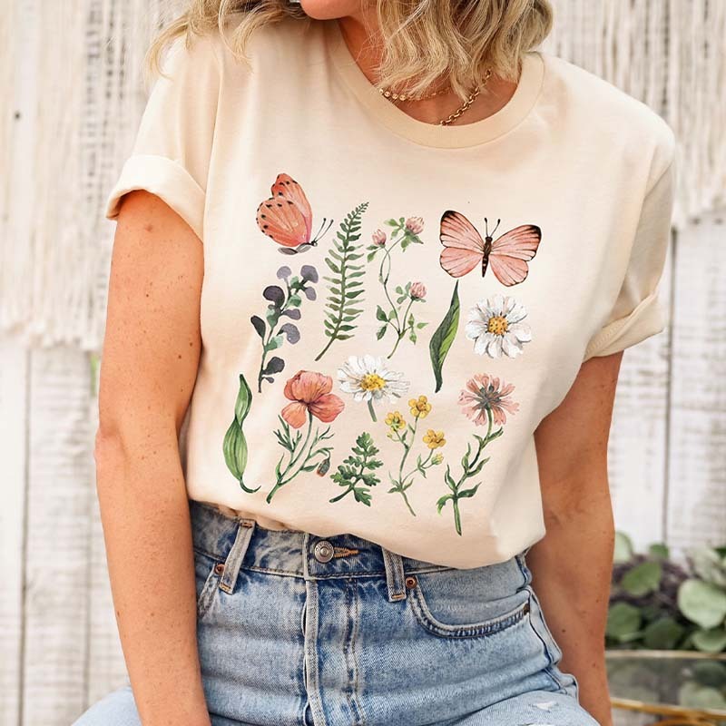 Floral WildFlowers Butterfly Woodland T-Shirt-carlalin