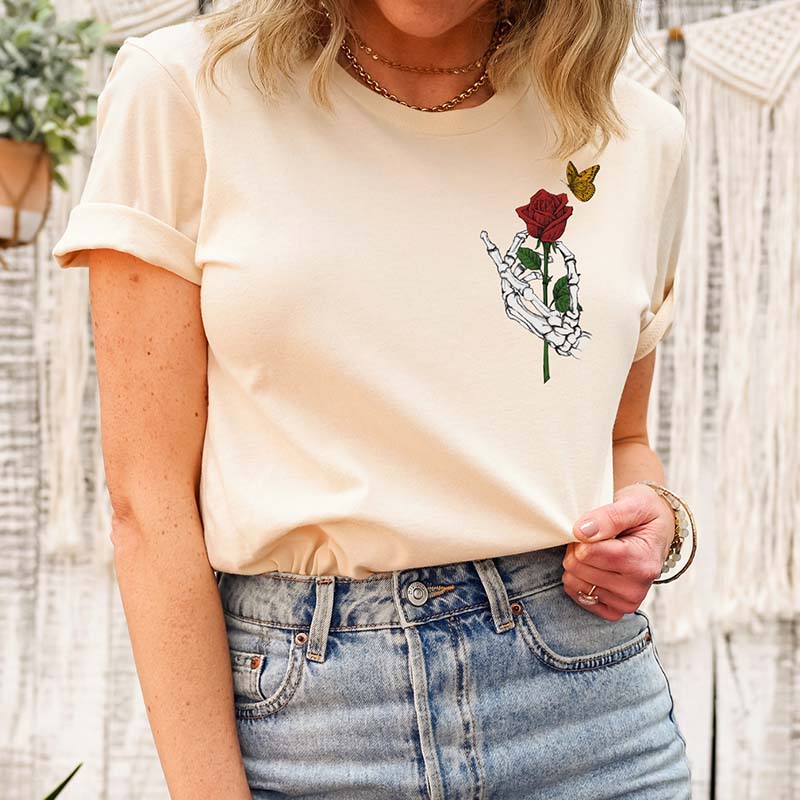 Skeleton Hand Halloween Spooky Red Rose T-Shirt-carlalin