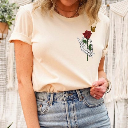 Skeleton Hand Halloween Spooky Red Rose T-Shirt-carlalin