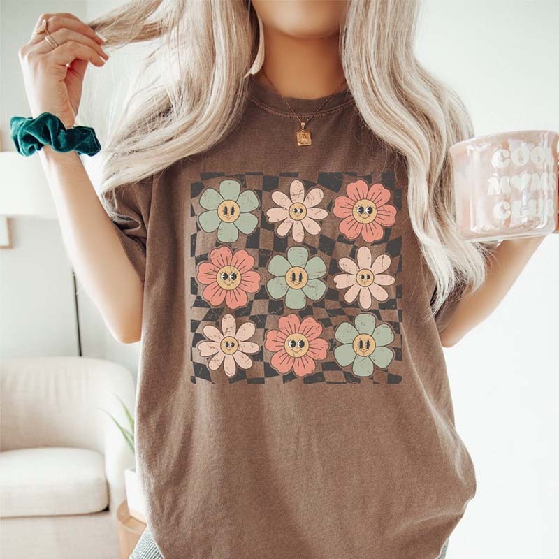 Checkered Flower Retro Trendy Summer T-Shirt-carlalin