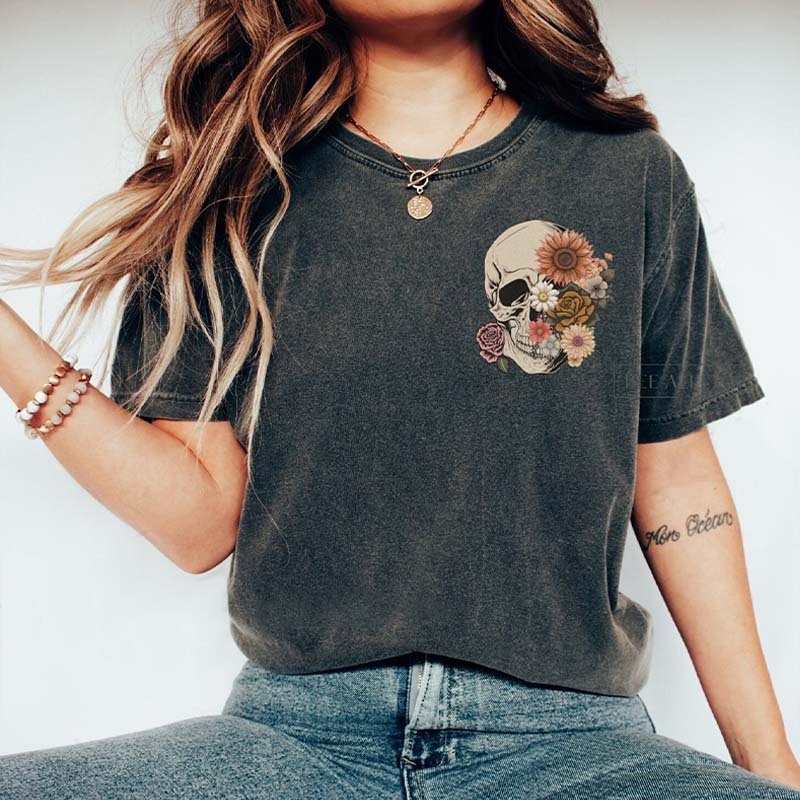 Floral Skull Witchy Botanical Skeleton T-Shirt-carlalin