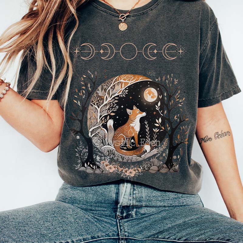 Whimsigoth Fox Witchy Moon T-Shirt-carlalin