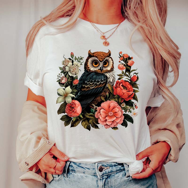 Cute Owl Boho Style Flowers T-Shirt-carlalin