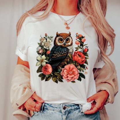 Cute Owl Boho Style Flowers T-Shirt-carlalin