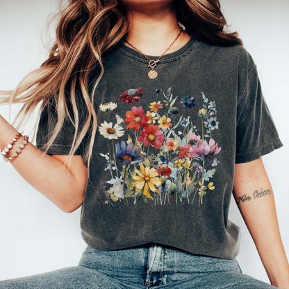 Ladies' Wild Flowers Watercolor T-Shirt-carlalin