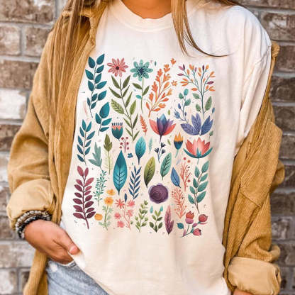 Boho Watercolor Folk Flowers T-Shirt-carlalin