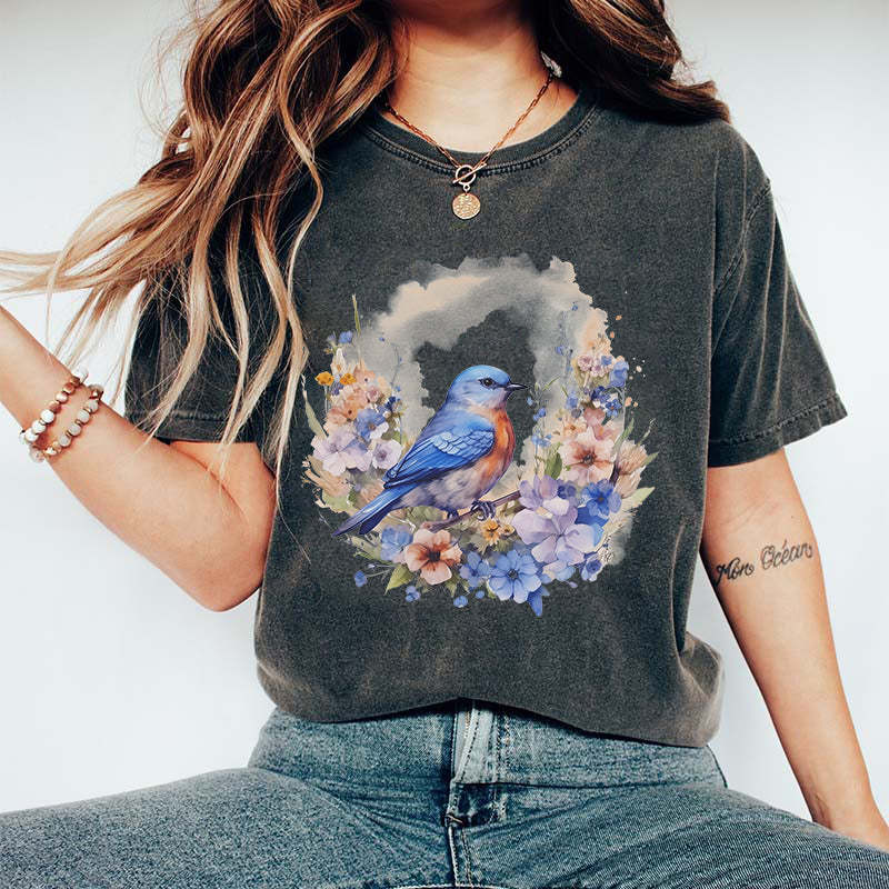 Watercolor Bluebird Wildflowers T-Shirt-carlalin
