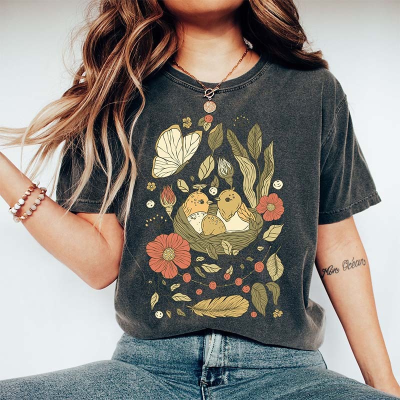 Birds And Flowers Floral Folk T-Shirt-carlalin