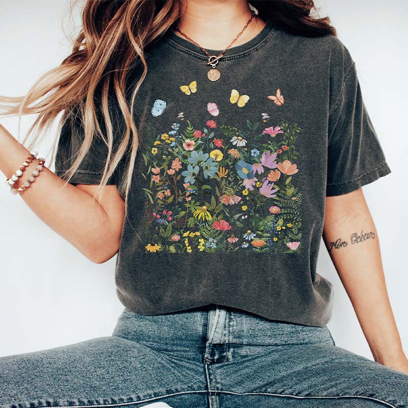 Boho Wildflowers Butterflies Botanical T-Shirt-carlalin