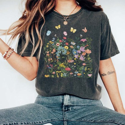 Boho Wildflowers Butterflies Botanical T-Shirt-carlalin