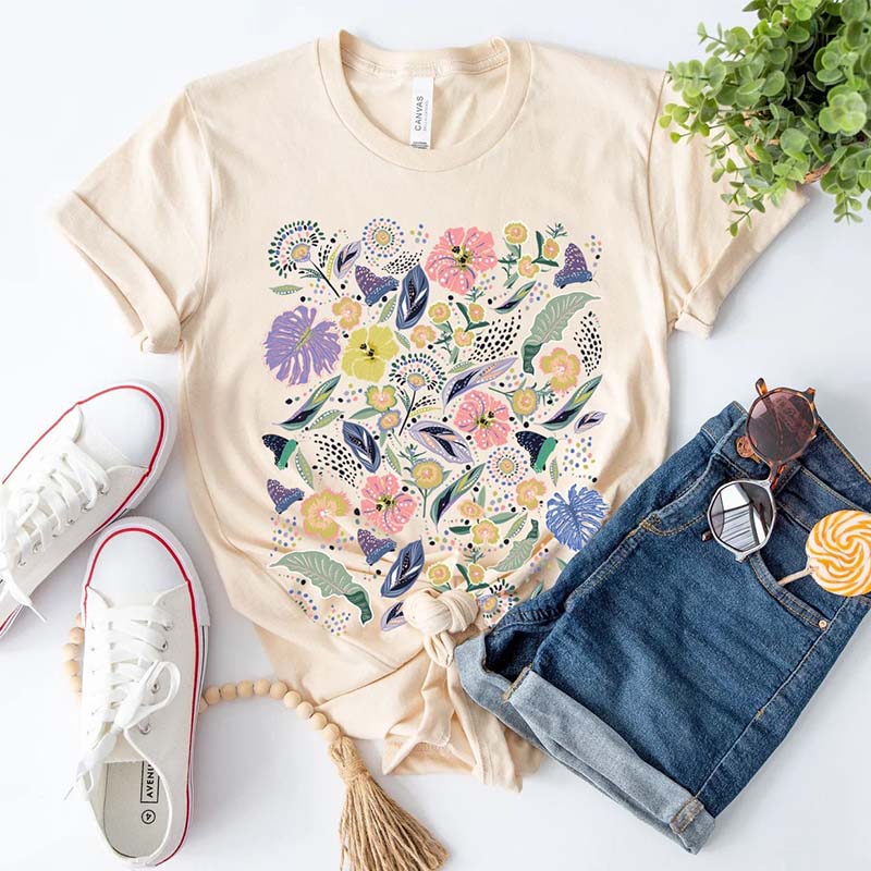 Vintage Botanical Wildflower Leaves T-Shirt-carlalin