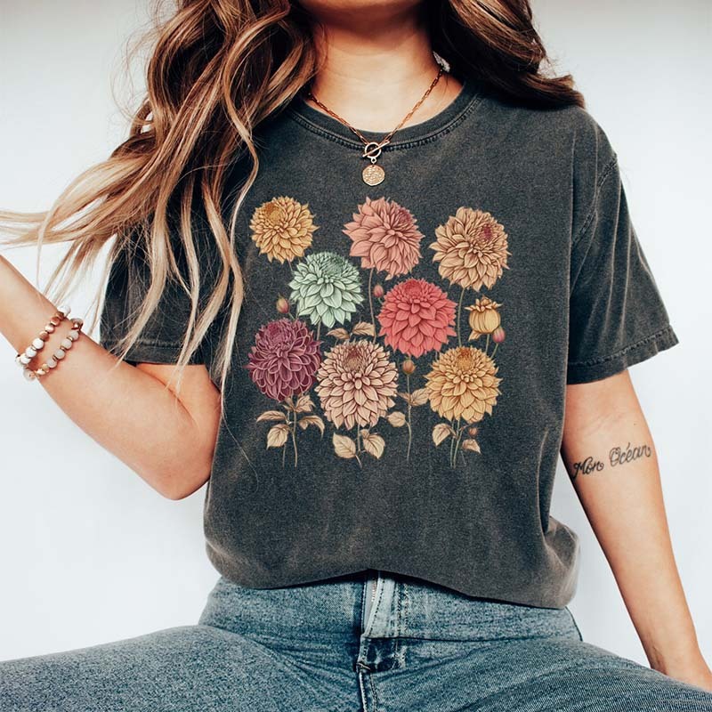 Vintage Dahlias Nature Flowers T-Shirt-carlalin