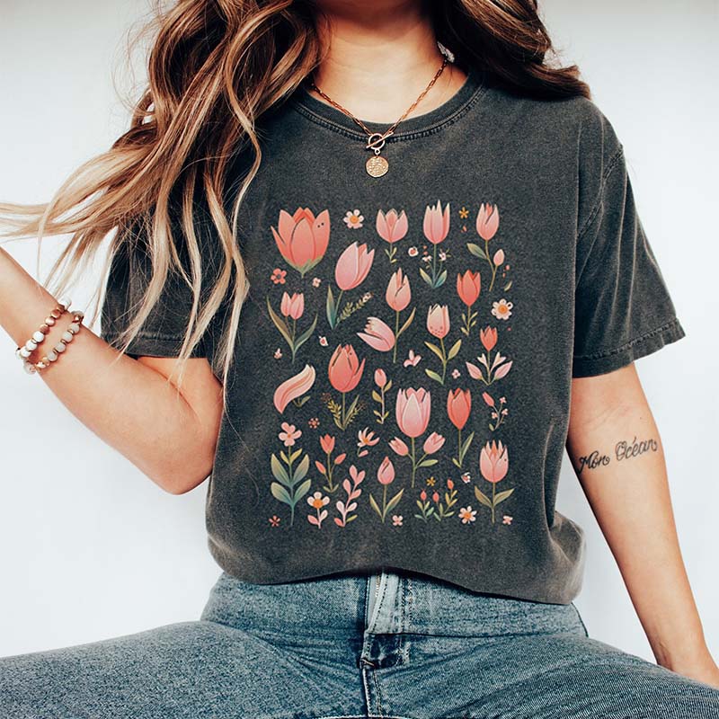 Pastel Watercolor Tulips Flower T-Shirt-carlalin
