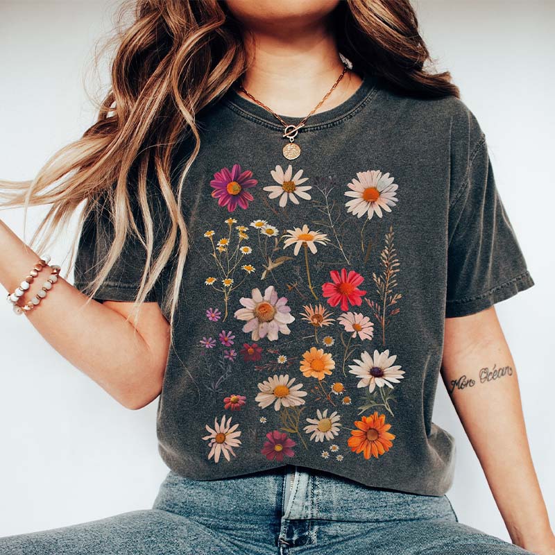 White Daisy Botanical Wildflower T-Shirt-carlalin