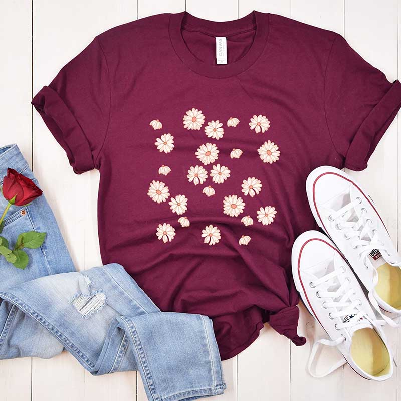 Womens Daisy Floral Delicate T-Shirt-carlalin