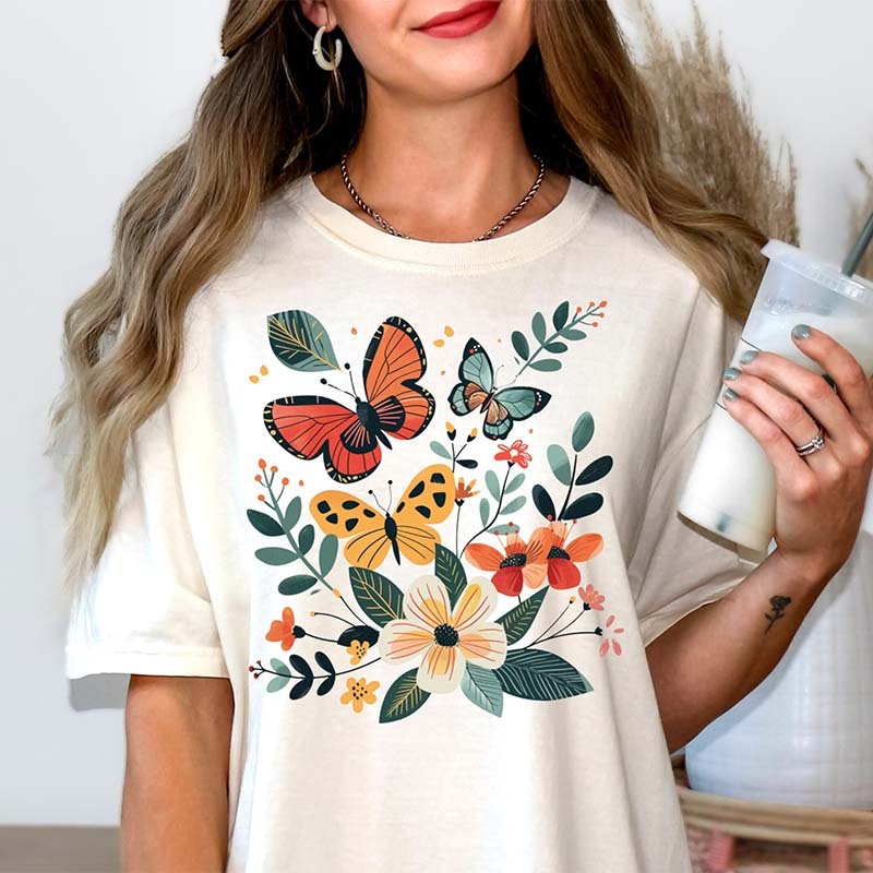 Colorful Boho Butterflies and Flowers T-Shirt-carlalin