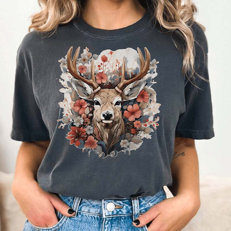 Stag Flower Watercolor Deer T-Shirt-carlalin