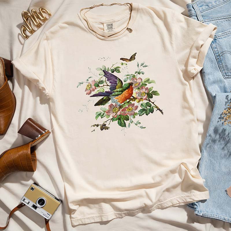 Pressed Flowers Bird And Butterflies T-Shirt-carlalin