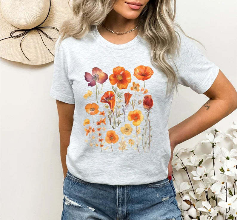 Orange Pressed Wildflowers Boho Flower Sweatshirt-carlalin