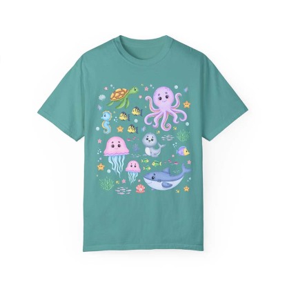 Cute Kindergarten Colorful Ocean Animal  With Fish T-Shirt-carlalin