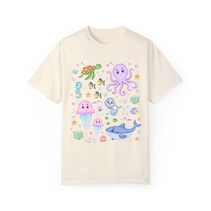 Cute Kindergarten Colorful Ocean Animal  With Fish T-Shirt-carlalin