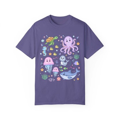 Cute Kindergarten Colorful Ocean Animal  With Fish T-Shirt-carlalin