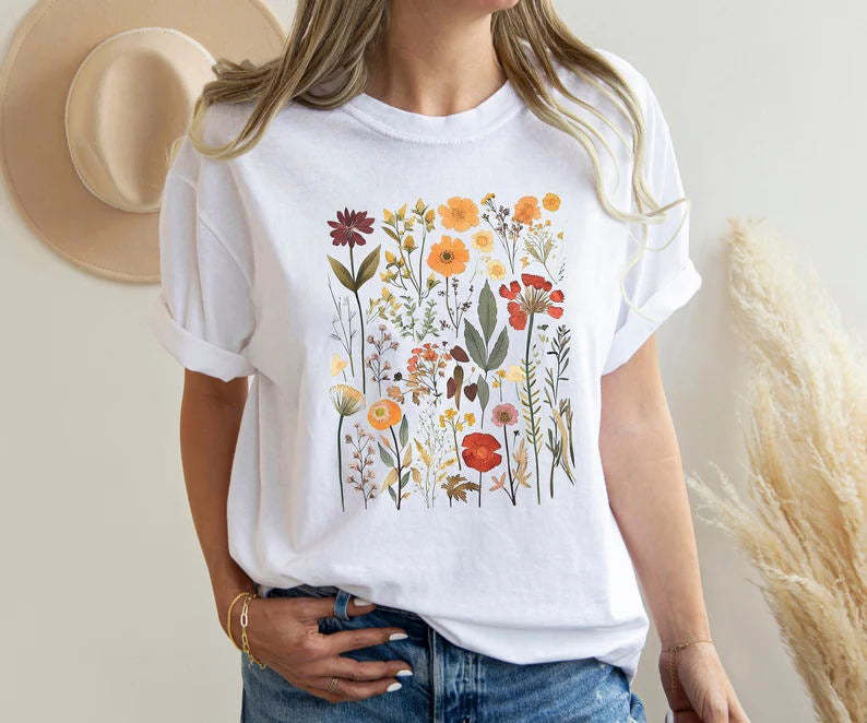 Retro Pressed Wildflowers  Boho Flower Shirt-carlalin