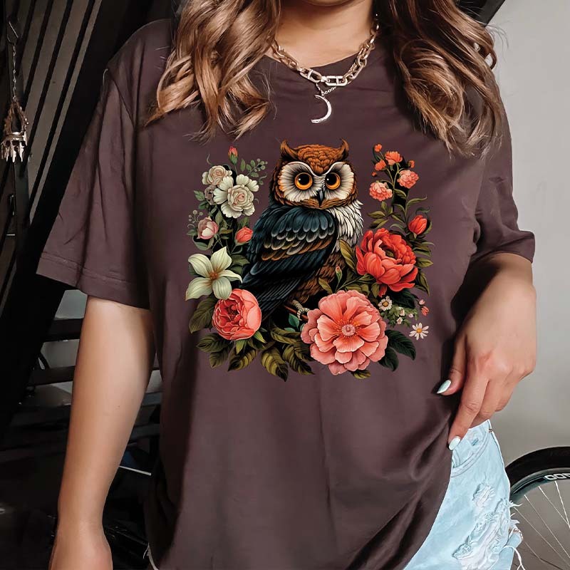 Cute Owl Boho Style Flowers T-Shirt-carlalin