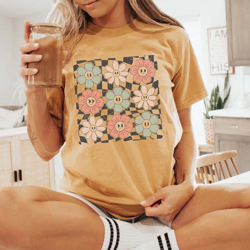 Checkered Flower Retro Trendy Summer T-Shirt-carlalin