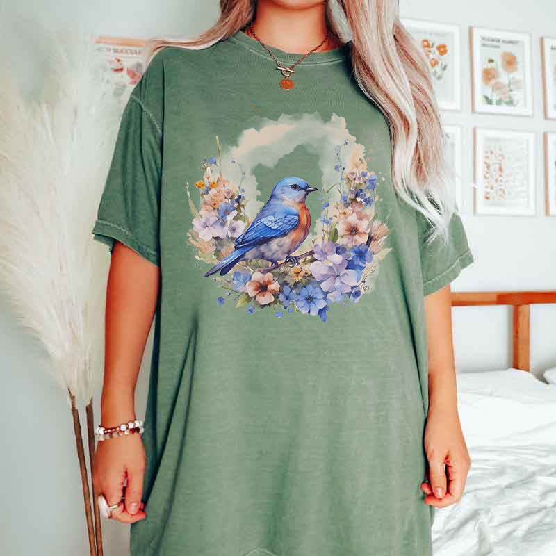 Watercolor Bluebird Wildflowers T-Shirt-carlalin