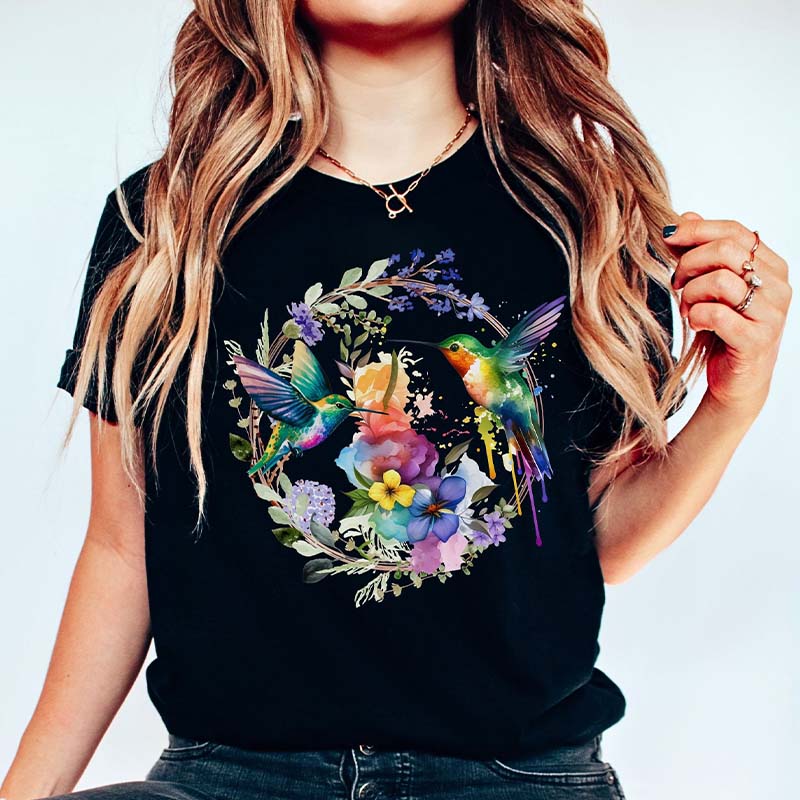 Hummingbird Floral Wreath T-Shirt-carlalin