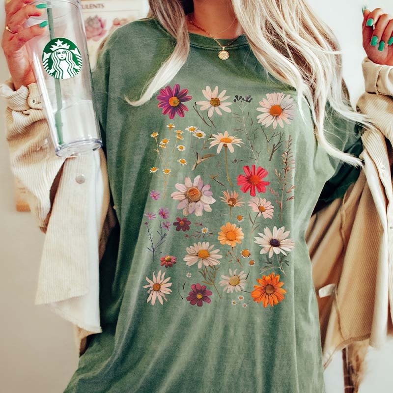 White Daisy Botanical Wildflower T-Shirt-carlalin