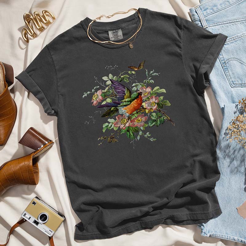Pressed Flowers Bird And Butterflies T-Shirt-carlalin