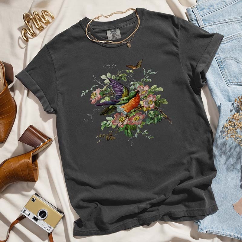 Pressed Flowers Bird And Butterflies T-Shirt-carlalin