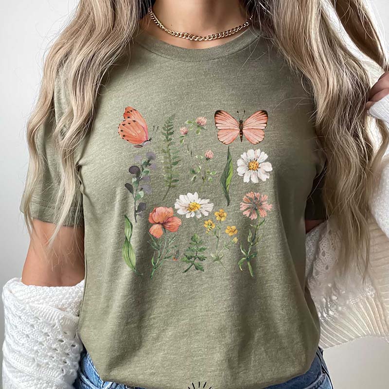 Floral WildFlowers Butterfly Woodland T-Shirt-carlalin