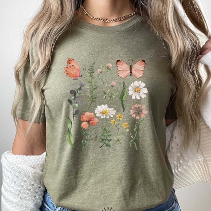 Floral WildFlowers Butterfly Woodland T-Shirt-carlalin