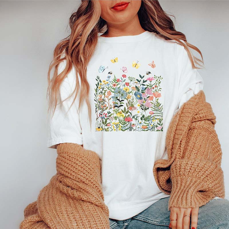 Boho Wildflowers Butterflies Botanical T-Shirt-carlalin