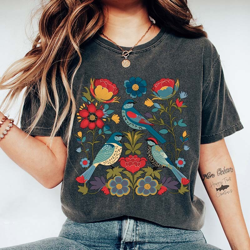 Summer Bird Lover Flower T-Shirt-carlalin