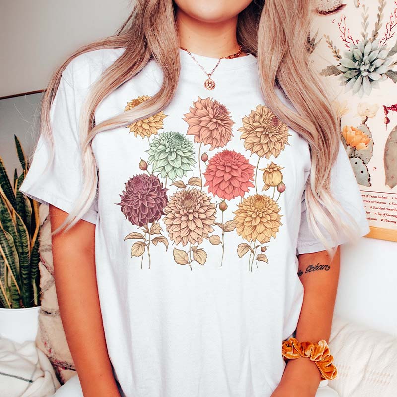 Vintage Dahlias Nature Flowers T-Shirt-carlalin