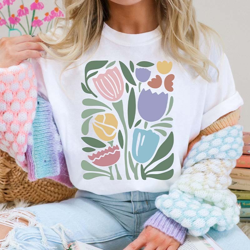Wavy Tulips Retro Groovy Floral T-Shirt-carlalin