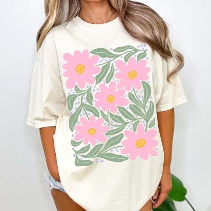 Boho Floral Pink Flower T-Shirt-carlalin