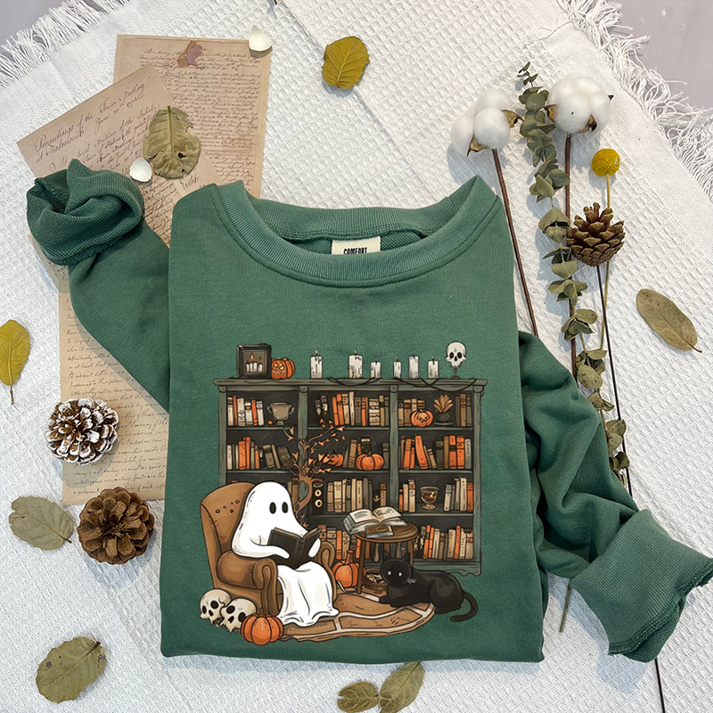 Retro Ghost Reading Books Sweatshirt-carlalin