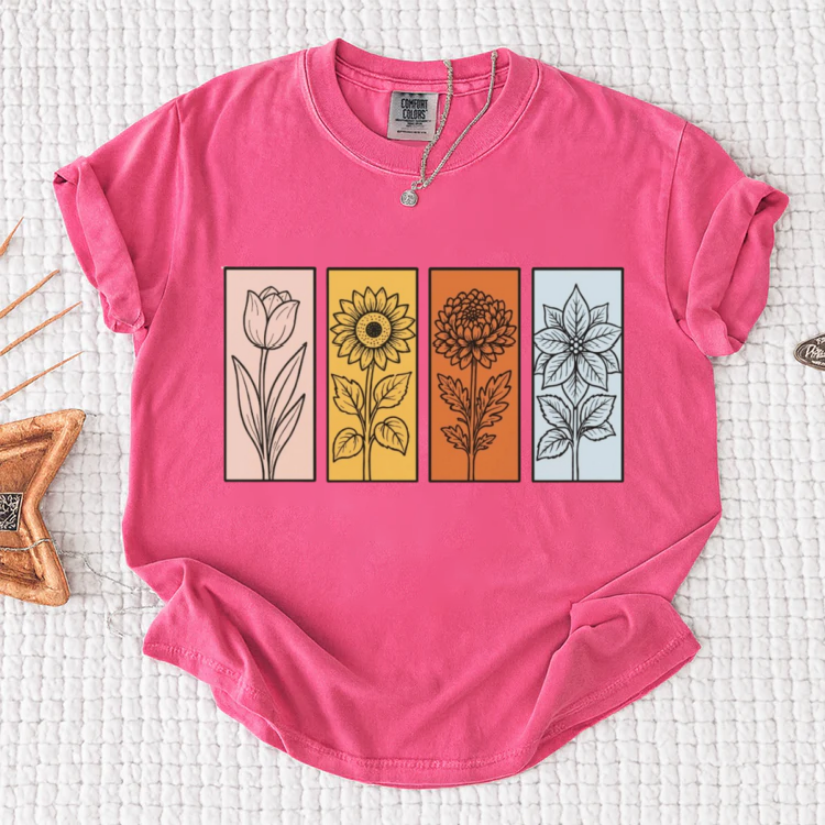 Black Floral Panel T-Shirt | Tulip, Sunflower, Chrysanthemum & Poinsettia Graphic Tee