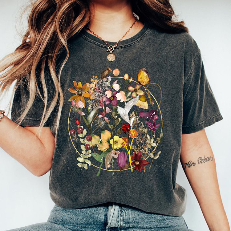 Colorful Flowers Floral Hoop T-shirt-carlalin