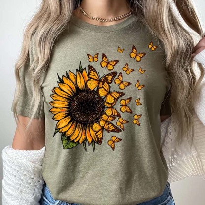 Sunflower  And Butterfly Cute  Animal T-Shirts