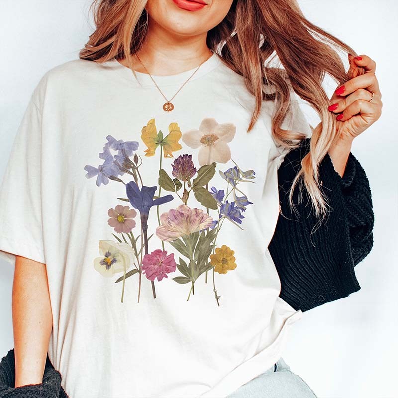 Dried Flower Botanical Floral Printed T-Shirt-carlalin