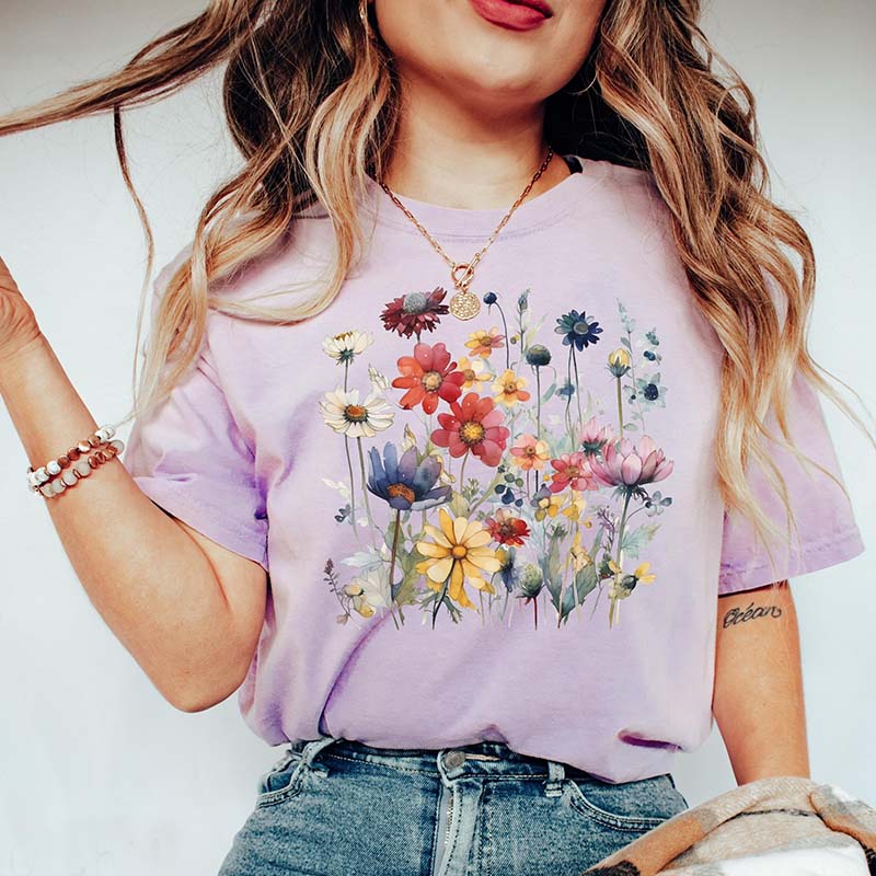 Ladies' Wild Flowers Watercolor T-Shirt-carlalin